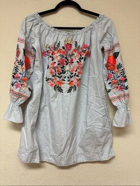 Free People womans Boho Embroidered blue  Off-Shoulder Dress size S